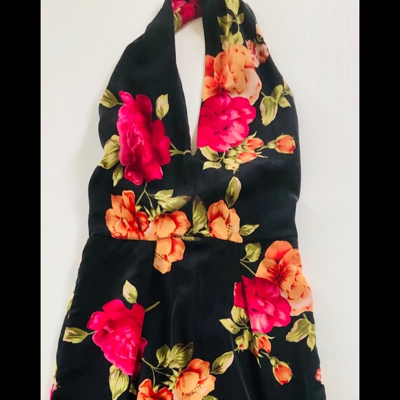 VTG 90's/50's Black bright lg. floral halter dress & Peplum apron size 4 petite - Picture 3 of 17